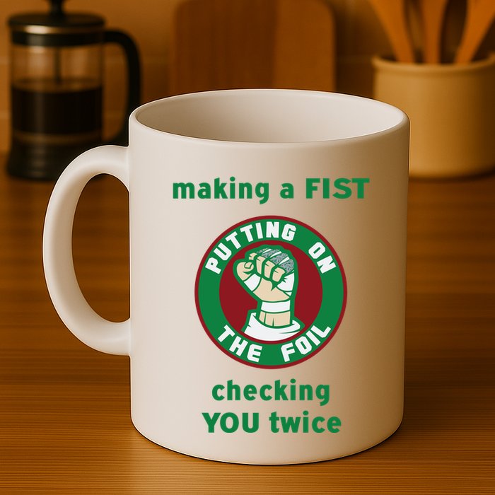 Making A Fist Putting On The Foil Checking You Twice Mug