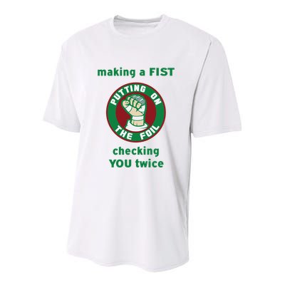 Making A Fist Putting On The Foil Checking You Twice Youth Performance Sprint T-Shirt