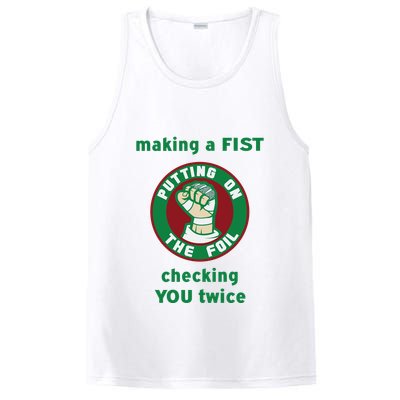 Making A Fist Putting On The Foil Checking You Twice PosiCharge Competitor Tank