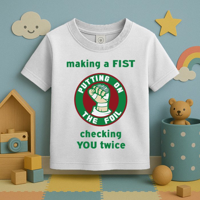 Making A Fist Putting On The Foil Checking You Twice Toddler T-Shirt