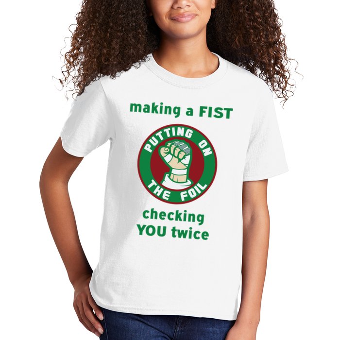 Making A Fist Putting On The Foil Checking You Twice Kids T-Shirt