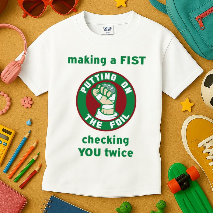 Making A Fist Putting On The Foil Checking You Twice Kids T-Shirt