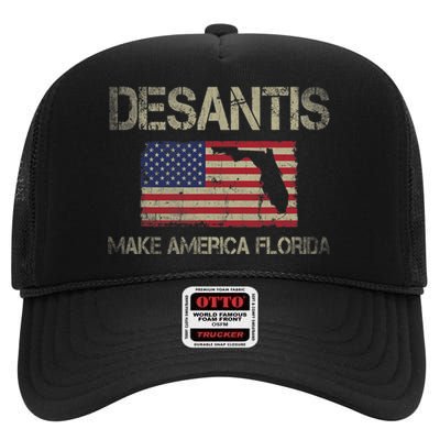 Make America Florida, DeSantis 2024 Election Vintage US Flag High Crown Mesh Back Trucker Hat