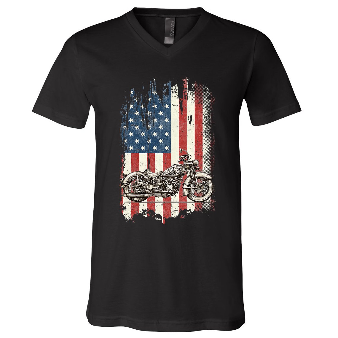 Motorcycle American Flag Distressed Vintage Biker Patriotic V-Neck T-Shirt
