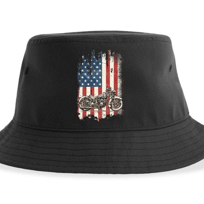 Motorcycle American Flag Distressed Vintage Biker Patriotic Sustainable Bucket Hat