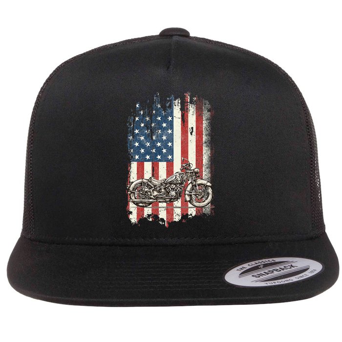 Motorcycle American Flag Distressed Vintage Biker Patriotic Flat Bill Trucker Hat