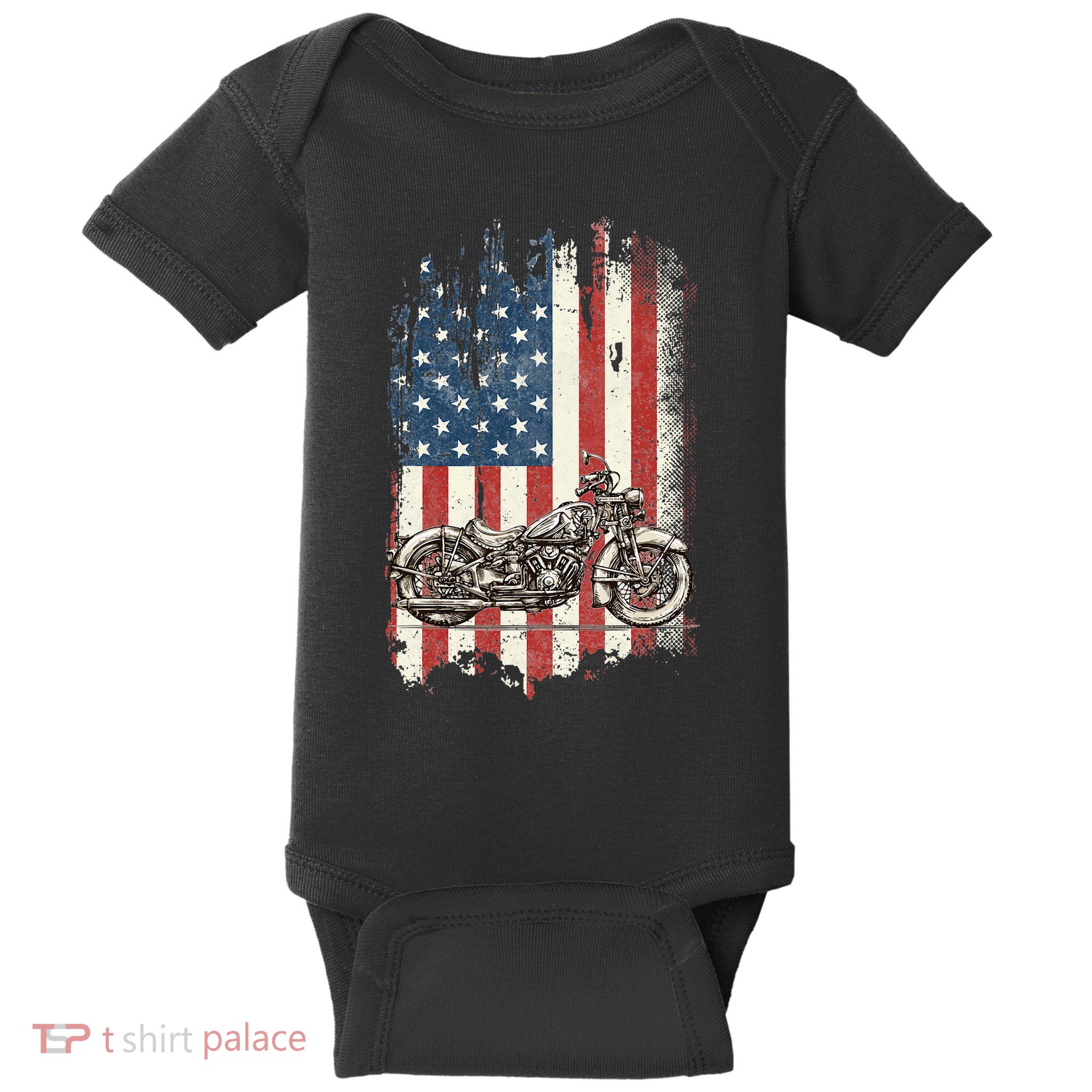 Motorcycle American Flag Distressed Vintage Biker Patriotic Baby Bodysuit