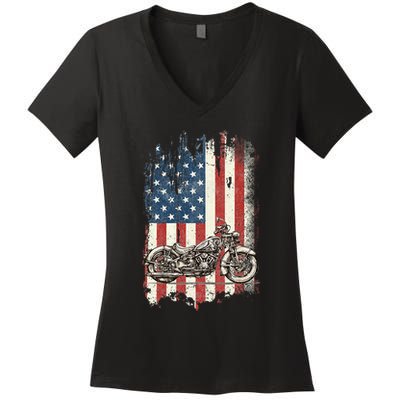 Motorcycle American Flag Distressed Vintage Biker Patriotic Women's V-Neck T-Shirt