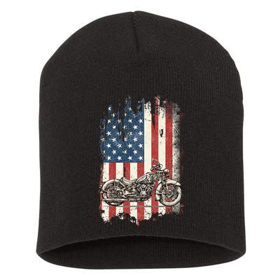 Motorcycle American Flag Distressed Vintage Biker Patriotic Short Acrylic Beanie