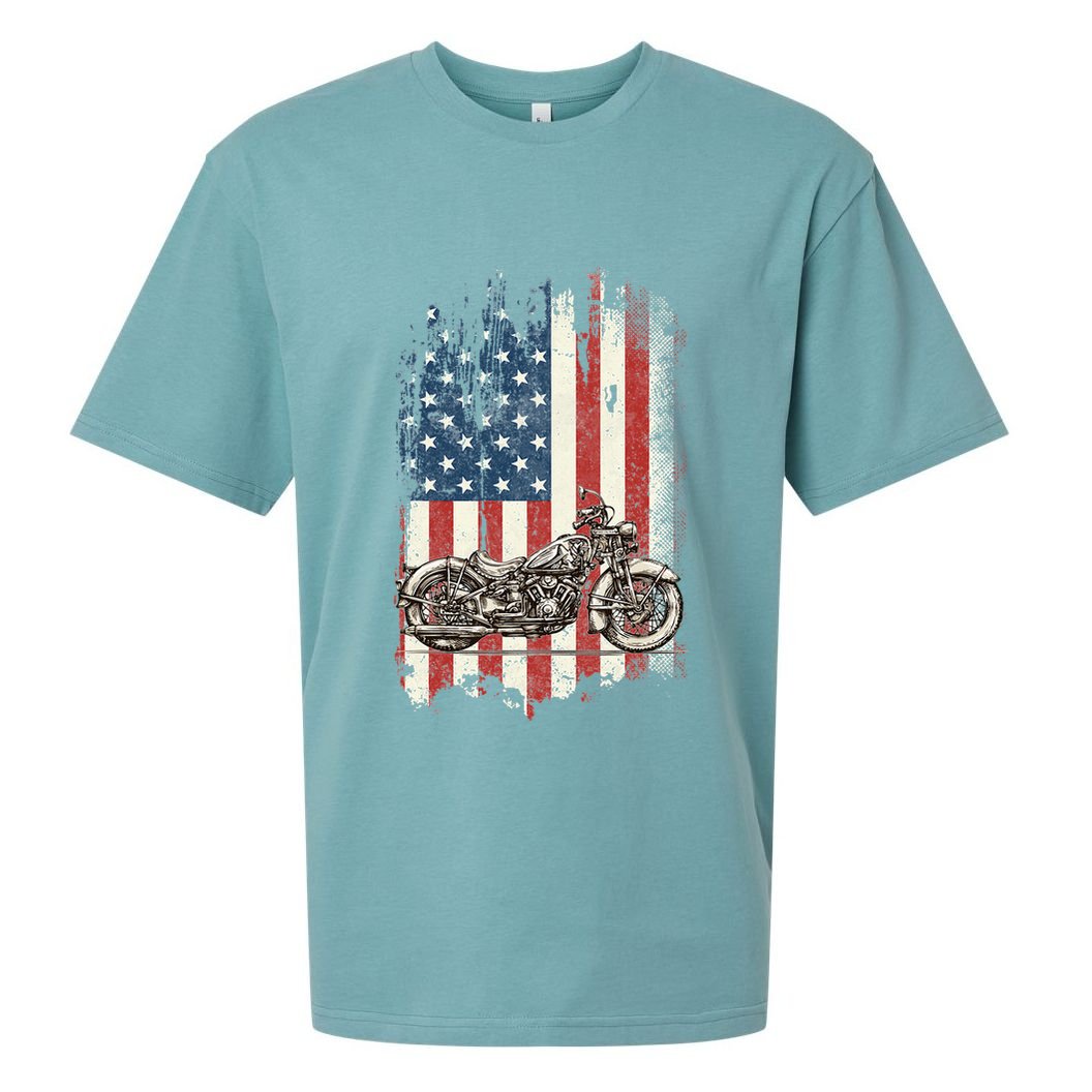 Motorcycle American Flag Distressed Vintage Biker Patriotic Sueded Cloud Jersey T-Shirt