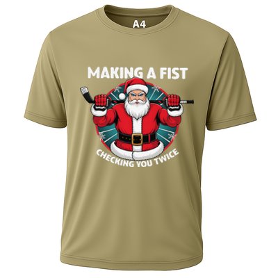 Making A Fist Checking You Twice Ugly Christmas Santa Hockey Cooling Performance Crew T-Shirt