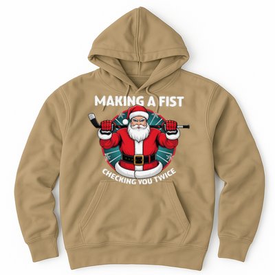 Making A Fist Checking You Twice Ugly Christmas Santa Hockey Hoodie