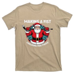 Making A Fist Checking You Twice Ugly Christmas Santa Hockey T-Shirt