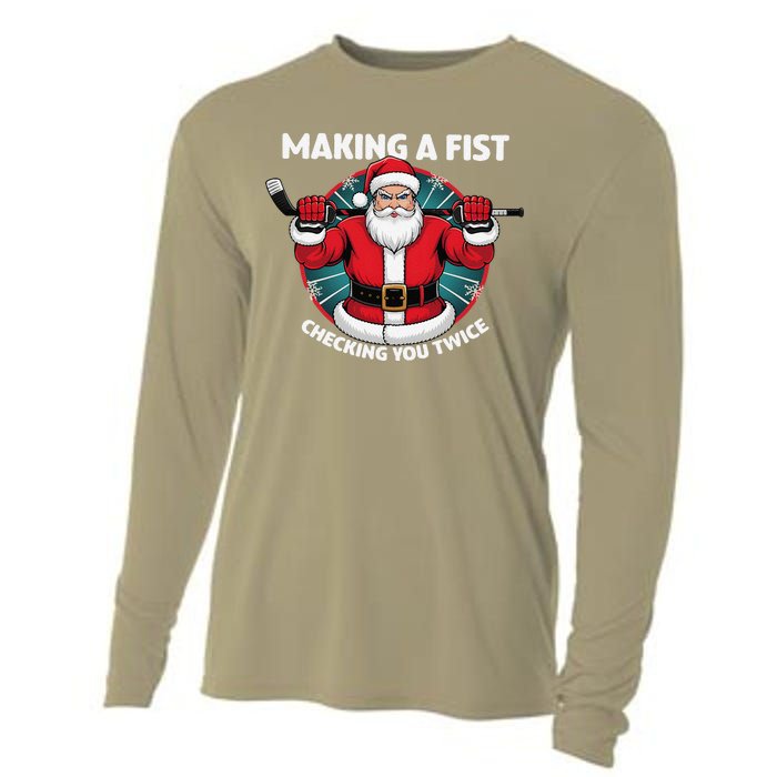 Making A Fist Checking You Twice Ugly Christmas Santa Hockey Cooling Performance Long Sleeve Crew