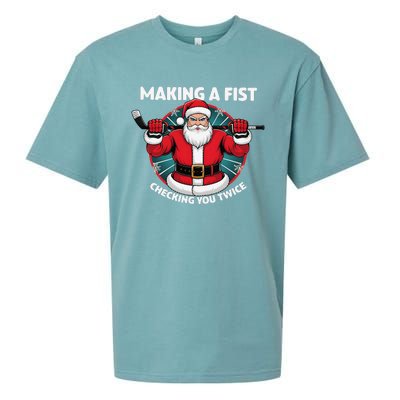 Making A Fist Checking You Twice Ugly Christmas Santa Hockey Sueded Cloud Jersey T-Shirt