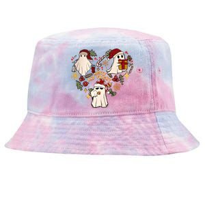 Merry And Fright Merry And Bright Christmas Ghost Heart Long Sleeve Tie-Dyed Bucket Hat