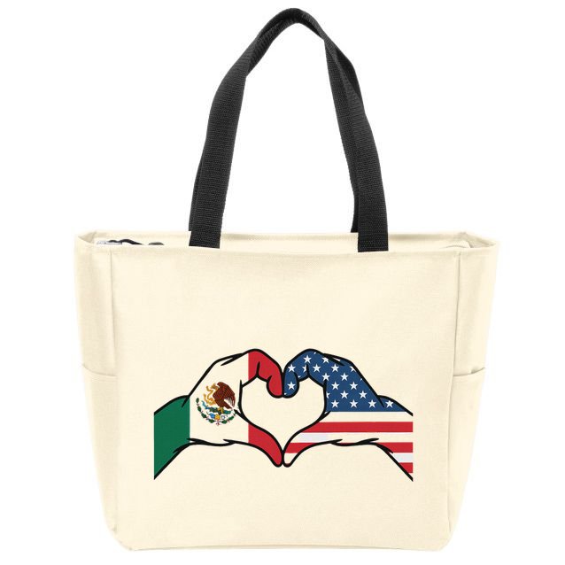 Mexican American Flag Print Heart Hands Love Mexico Usa Zip Tote Bag