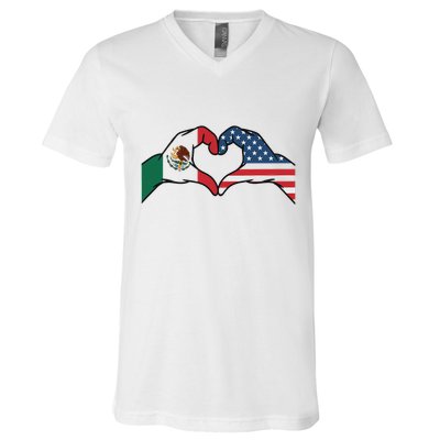 Mexican American Flag Print Heart Hands Love Mexico Usa V-Neck T-Shirt