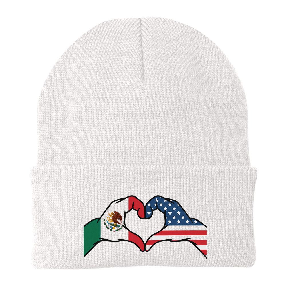Mexican American Flag Print Heart Hands Love Mexico Usa Beanie