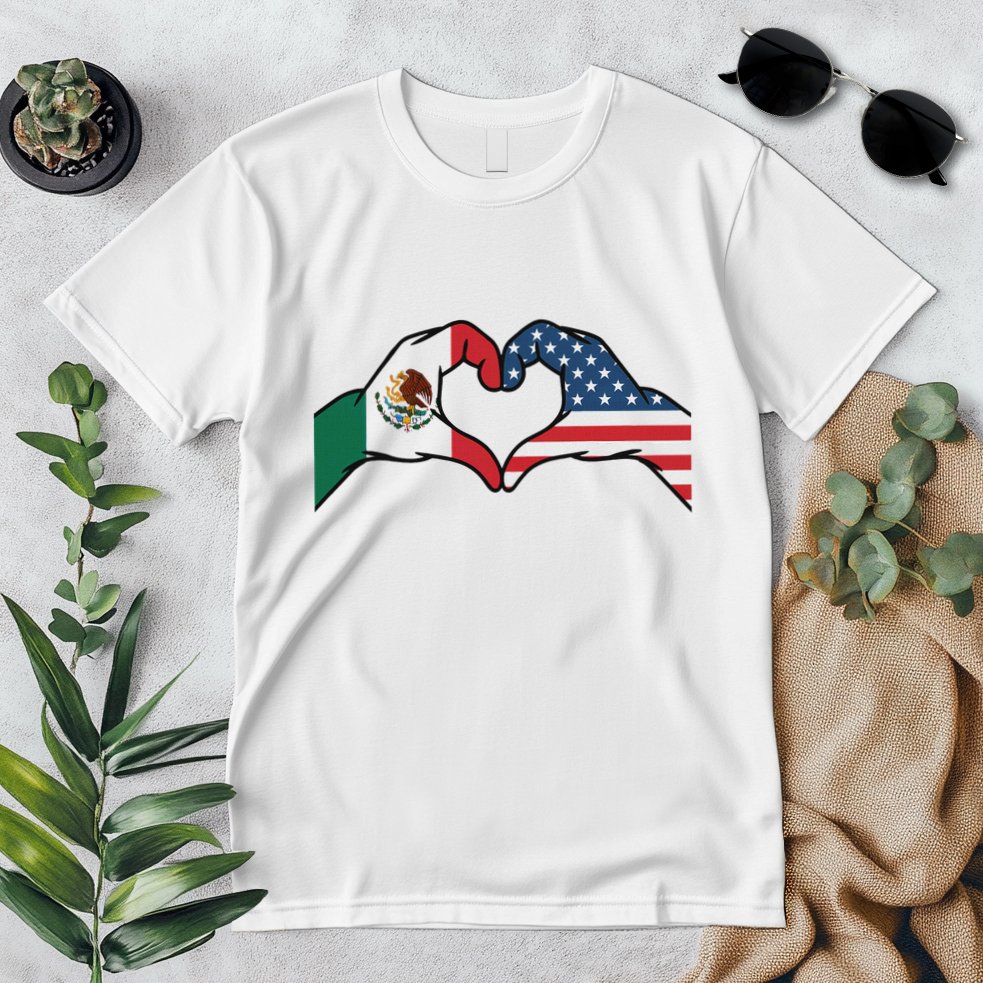 Mexican American Flag Print Heart Hands Love Mexico Usa Premium T-Shirt