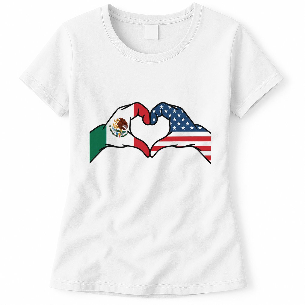 Mexican American Flag Print Heart Hands Love Mexico Usa Womens T-Shirt