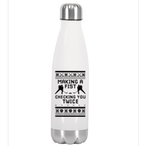 Making A Fist Checking You Twice Funny Christmas Hockey Pun Gift Stainless Steel Insulated Water Bottle