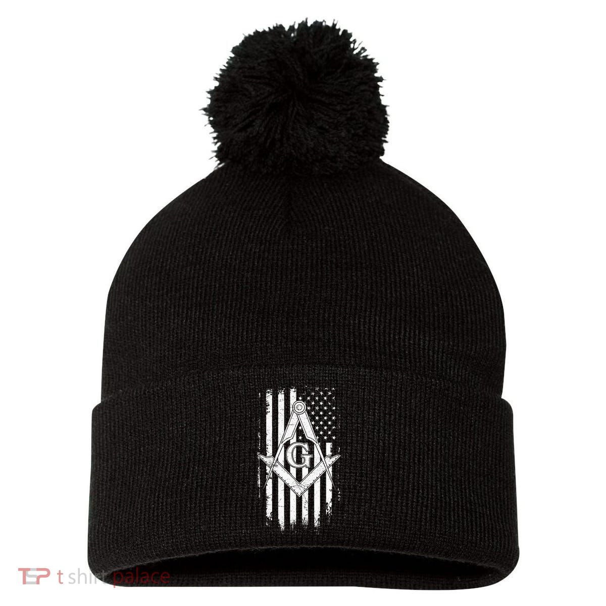 Masonic American Flag Square And Compass Freemason Pom Pom 12in Knit Beanie