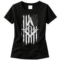 Masonic American Flag Square And Compass Freemason Womens T-Shirt