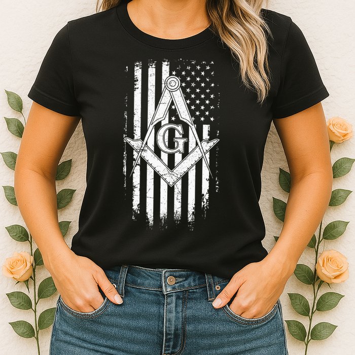 Masonic American Flag Square And Compass Freemason Womens T-Shirt