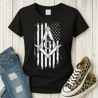 Masonic American Flag Square And Compass Freemason Womens T-Shirt