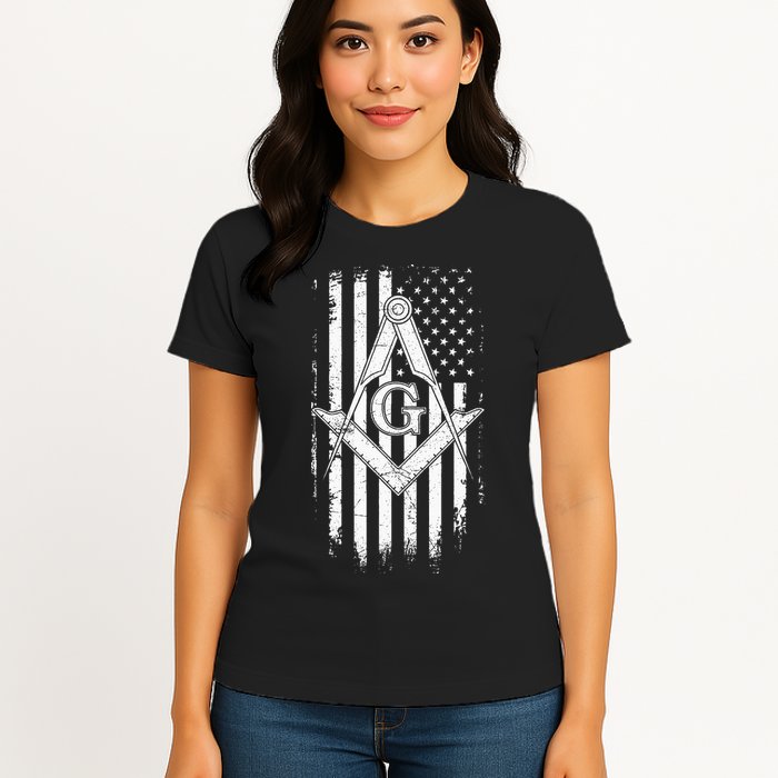 Masonic American Flag Square And Compass Freemason Womens T-Shirt