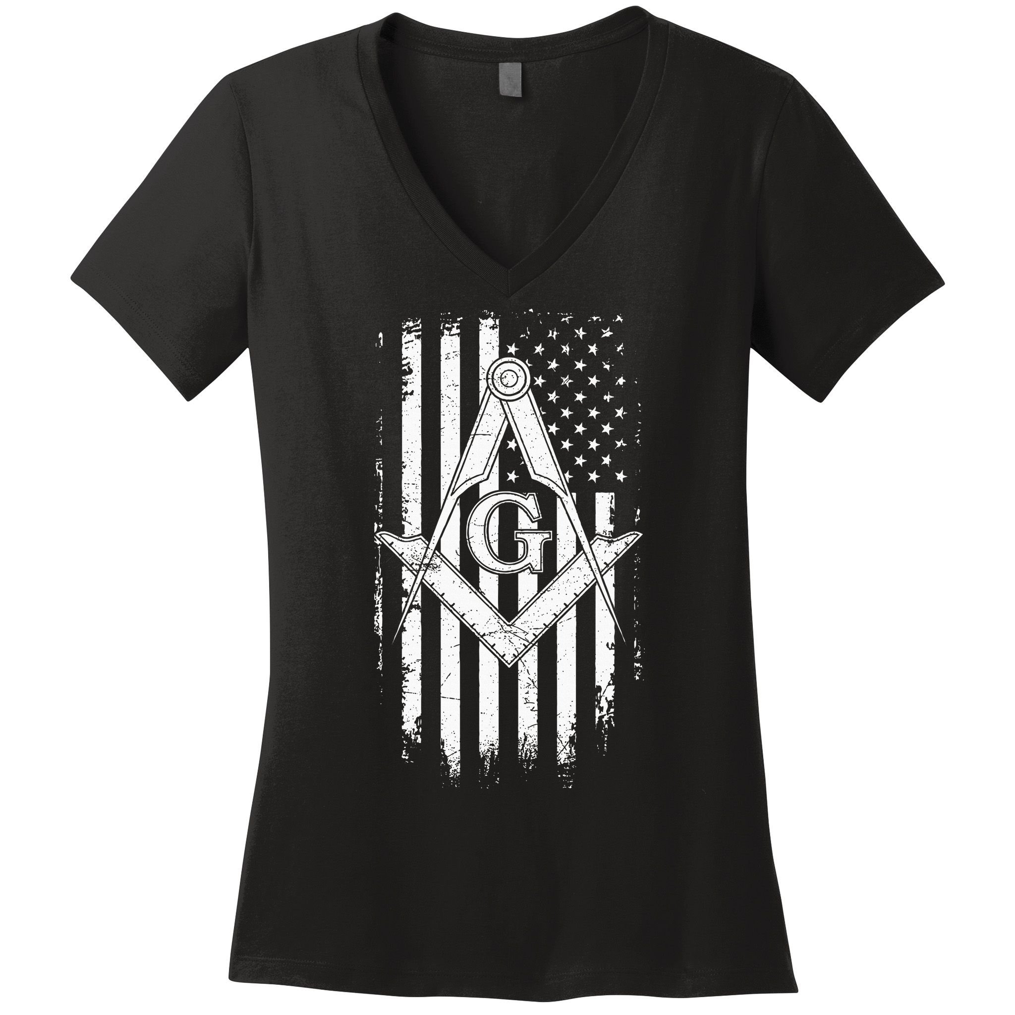 Masonic American Flag Square And Compass Freemason Women's V-Neck T-Shirt