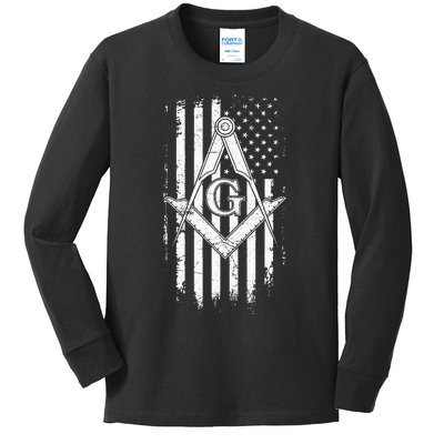 Masonic American Flag Square And Compass Freemason Kids Long Sleeve Shirt