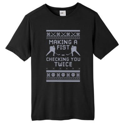 Making A Fist Checking You Twice Funny Christmas Hockey Pun Gift Tall Fusion ChromaSoft Performance T-Shirt