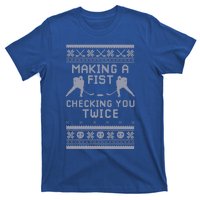 Making A Fist Checking You Twice Funny Christmas Hockey Pun Gift T-Shirt