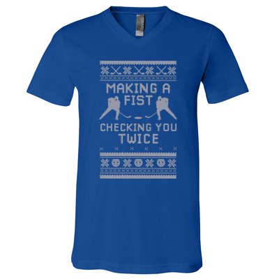 Making A Fist Checking You Twice Funny Christmas Hockey Pun Gift V-Neck T-Shirt