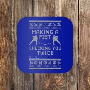 Making A Fist Checking You Twice Funny Christmas Hockey Pun Gift Coaster