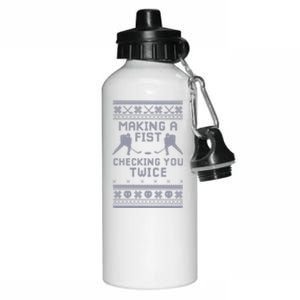 Making A Fist Checking You Twice Funny Christmas Hockey Pun Gift Aluminum Water Bottle