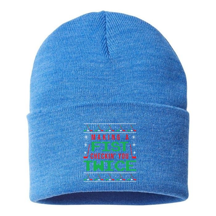 Making A Fist Checking You Twice Funny Christmas Meaningful Gift Sustainable Knit Beanie