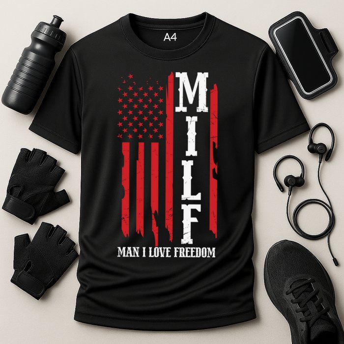 MILF American Flag Man I LIke Freedom 4th Of July Cooling Performance Crew T-Shirt