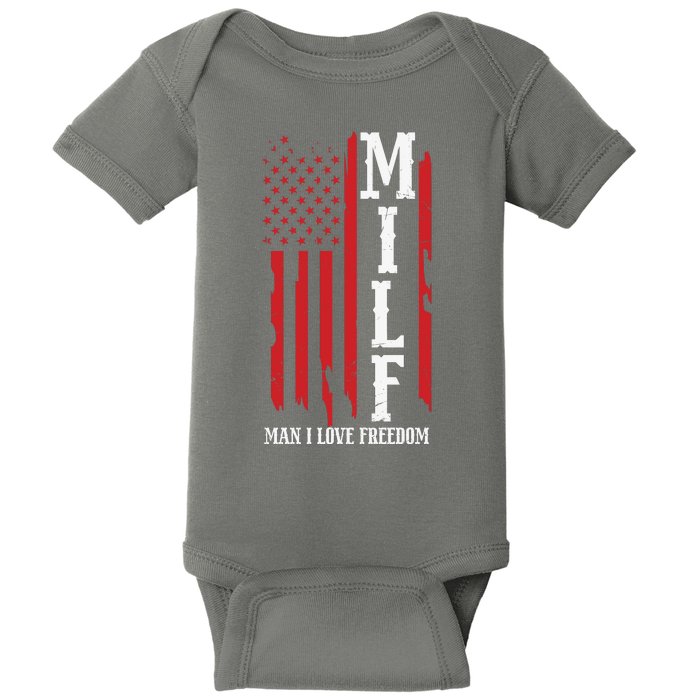 MILF American Flag Man I LIke Freedom 4th Of July Baby Bodysuit