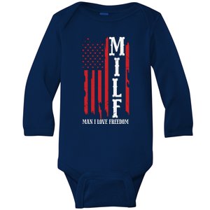 MILF American Flag Man I LIke Freedom 4th Of July Baby Long Sleeve Bodysuit