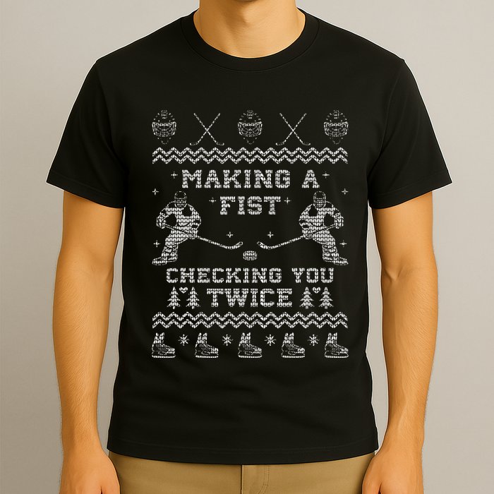 Making a fist checking you twice Hockey Xmas Gifts T-Shirt