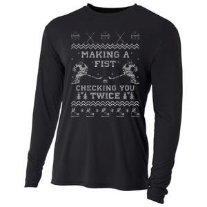 Making a fist checking you twice Hockey Xmas Gifts Cooling Performance Long Sleeve Crew