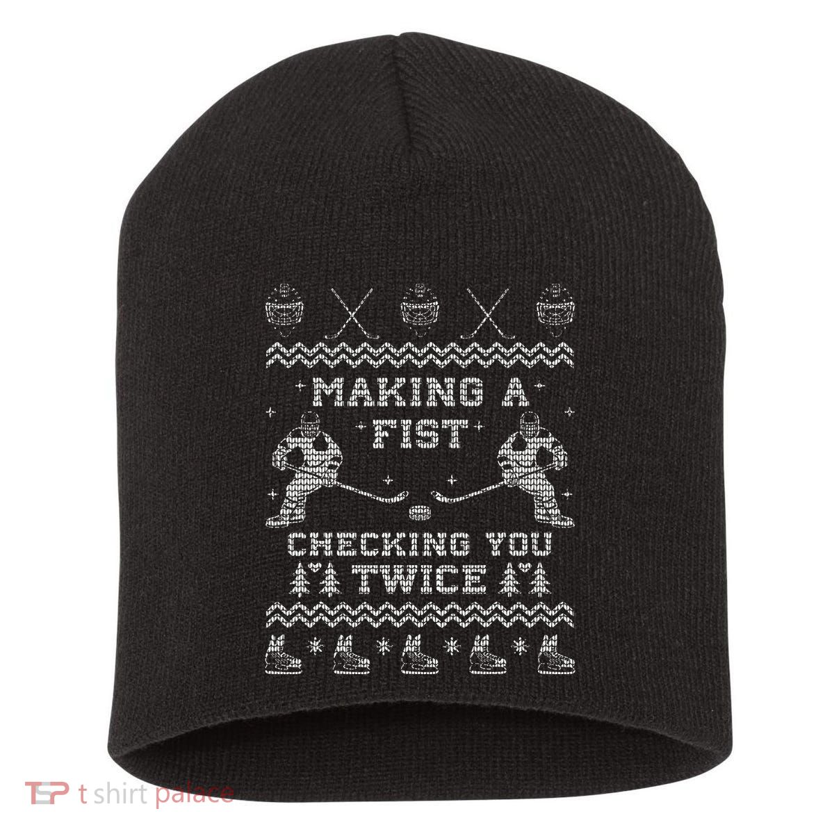 Making a fist checking you twice Hockey Xmas Gifts Short Acrylic Beanie
