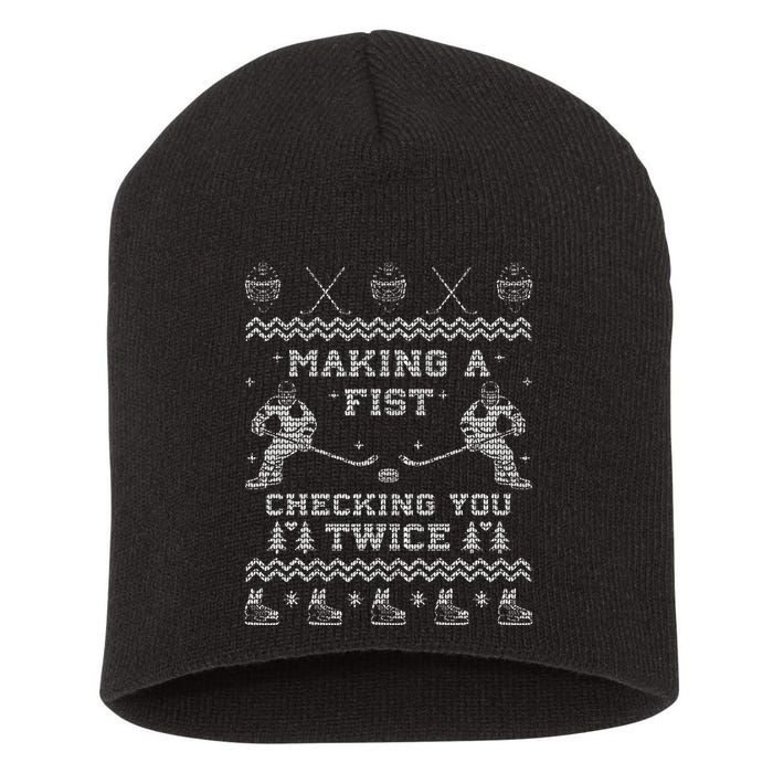 Making a fist checking you twice Hockey Xmas Gifts Short Acrylic Beanie