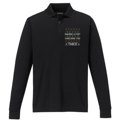 Making A Fist Checking You Twice Hockey Xmas Hockey Team Funny Gift Performance Long Sleeve Polo