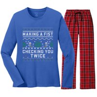 Making A Fist Checking You Twice Ice Hockey Players Xmas Funny Gift Women's Long Sleeve Flannel Pajama Set 