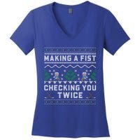 Making A Fist Checking You Twice Ice Hockey Players Xmas Funny Gift Women's V-Neck T-Shirt