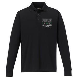 Making A Fist Checking You Twice Ice Hockey Players Xmas Gift Performance Long Sleeve Polo